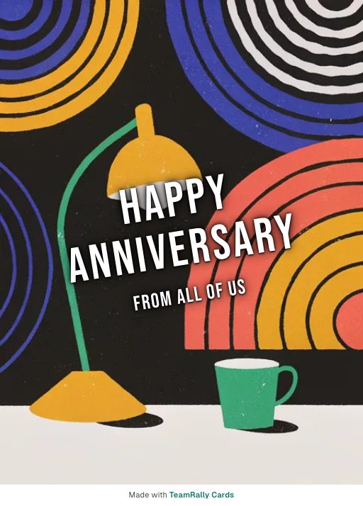 Anniversary card for coworkers — Coffee Rings design, signed “from all of us”