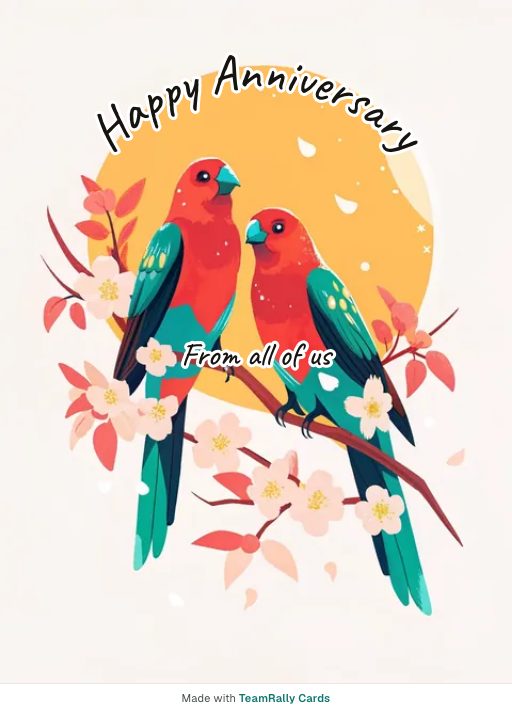 Anniversary card for coworkers — Lovebirds design, signed “from all of us”