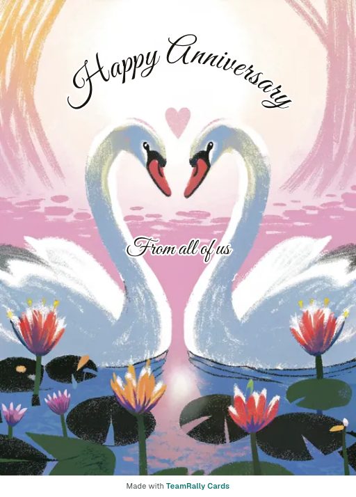 Anniversary card for coworkers — Swans design, signed “from all of us”