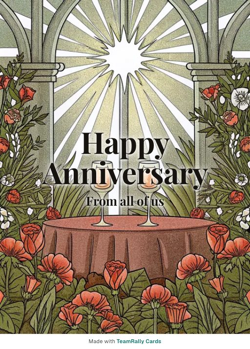Anniversary card for coworkers — Table For Two design, signed “from all of us”