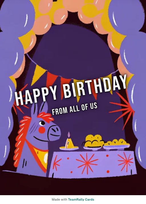 Birthday card for coworkers — Piñata Party design, signed “from all of us”