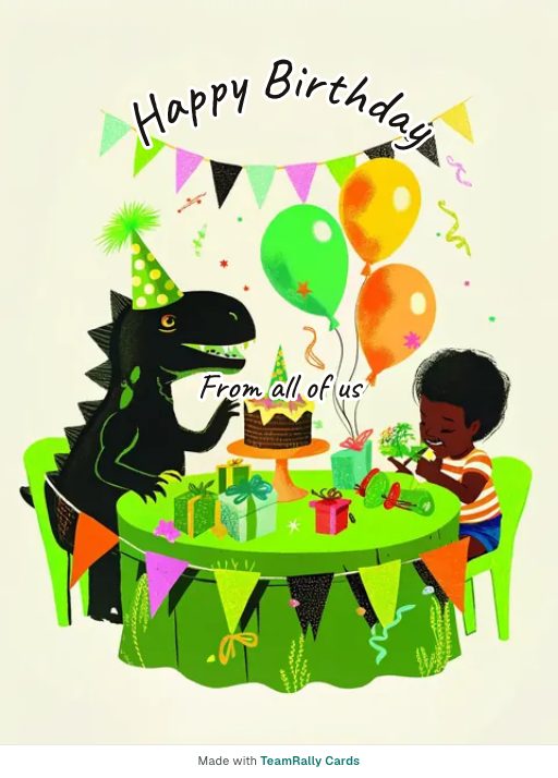 Birthday card for coworkers — Dino Party design, signed “from all of us”