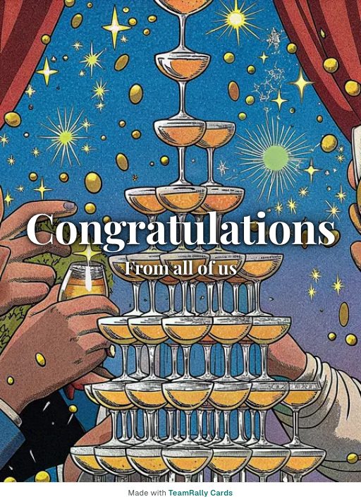 Congratulations card for coworkers — Champagne Tower design, signed “from all of us”