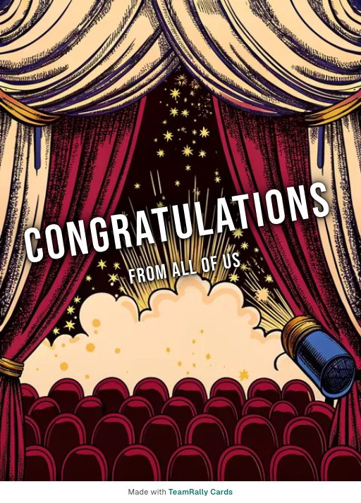 Congratulations card for coworkers — Cork Pop design, signed “from all of us”