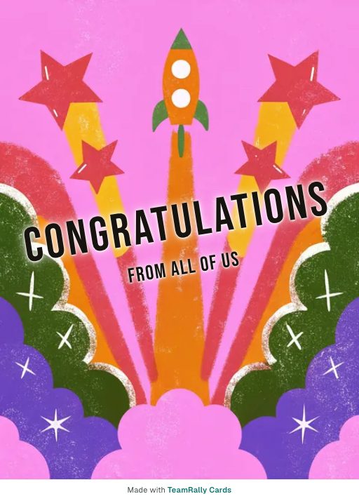 Congratulations card for coworkers — Lift Off design, signed “from all of us”