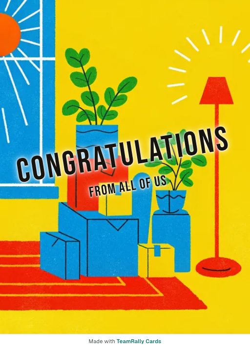 Congratulations card for coworkers — Moving Day design, signed “from all of us”