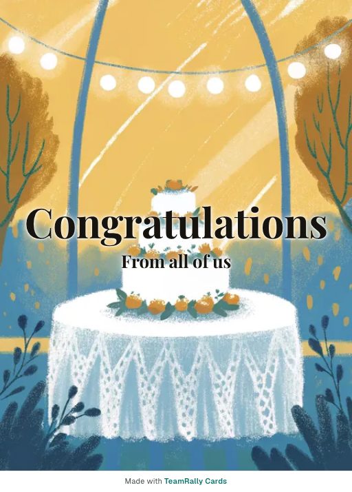 Congratulations card for coworkers — Wedding Cake design, signed “from all of us”