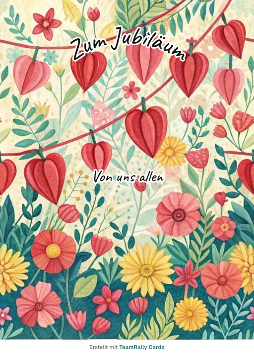Karte fürs Team, Anlass: Jubiläum – Design Papierherzen, unterschrieben „Von uns allen“