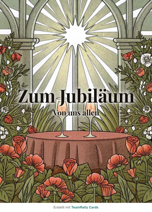 Karte fürs Team, Anlass: Jubiläum – Design Tisch für zwei, unterschrieben „Von uns allen“