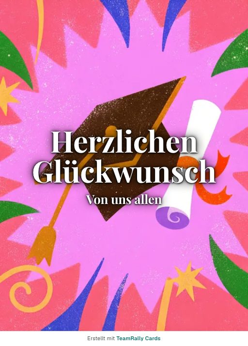 Karte fürs Team, Anlass: Glückwunsch – Design Hut und Urkunde, unterschrieben „Von uns allen“