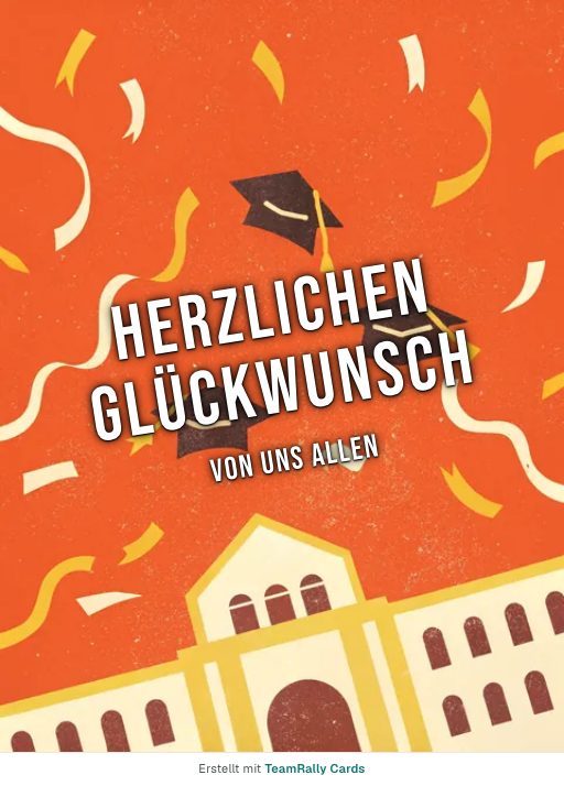 Karte fürs Team, Anlass: Glückwunsch – Design Hüte hoch, unterschrieben „Von uns allen“