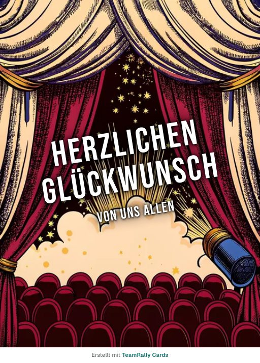 Karte fürs Team, Anlass: Glückwunsch – Design Korkenknall, unterschrieben „Von uns allen“