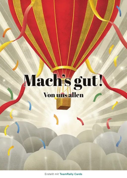 Karte fürs Team, Anlass: Abschied – Design Ballonfahrt, unterschrieben „Von uns allen“