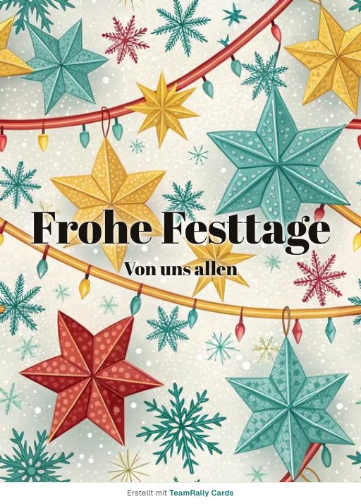 Karte fürs Team, Anlass: Feiertage – Design Papiersterne, unterschrieben „Von uns allen“