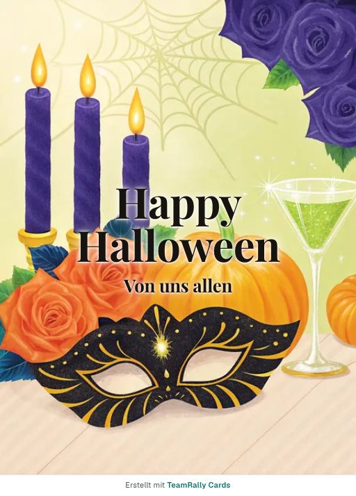 Karte fürs Team, Anlass: Halloween – Design Maskenball, unterschrieben „Von uns allen“