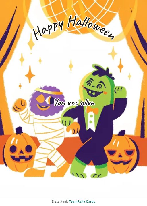 Karte fürs Team, Anlass: Halloween – Design Monsterparty, unterschrieben „Von uns allen“