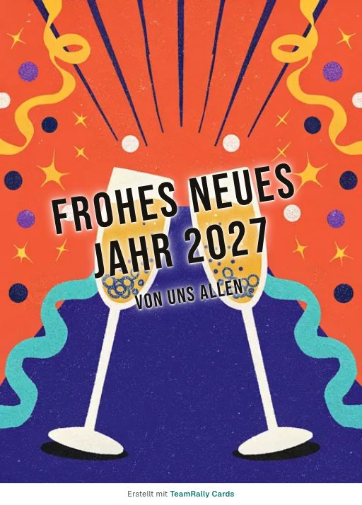 Karte fürs Team, Anlass: Neujahr – Design Anstoßen, unterschrieben „Von uns allen“