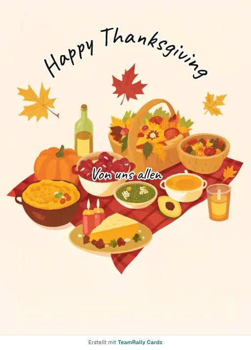 Karte fürs Team, Anlass: Thanksgiving – Design Mitbring-Buffet, unterschrieben „Von uns allen“