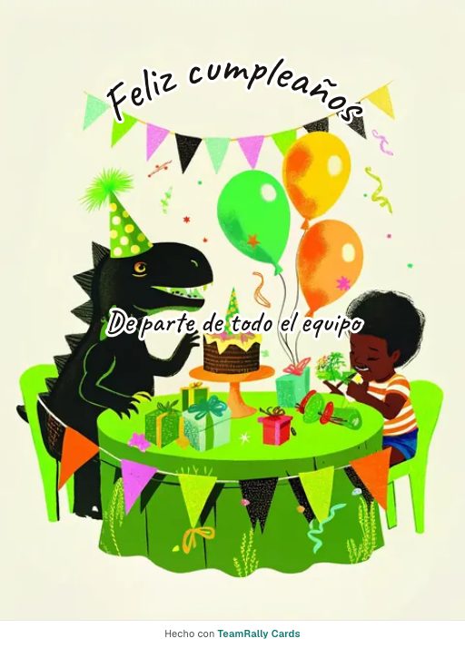 Cumpleaños: tarjeta para colegas con el diseño Fiesta dino, firmada «De parte de todo el equipo»