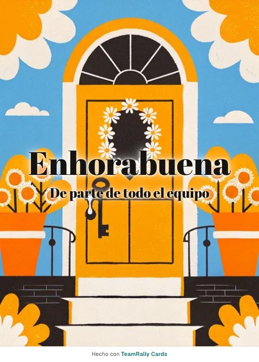 Enhorabuena: tarjeta para colegas con el diseño La puerta de casa, firmada «De parte de todo el equipo»