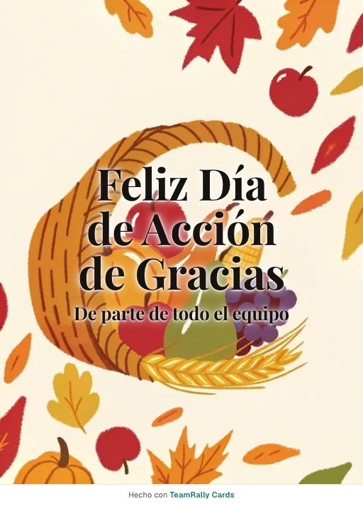 Acción de Gracias: tarjeta para colegas con el diseño Cuerno de la abundancia, firmada «De parte de todo el equipo»