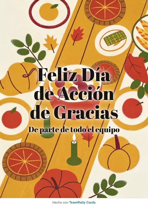 Acción de Gracias: tarjeta para colegas con el diseño La mesa larga, firmada «De parte de todo el equipo»