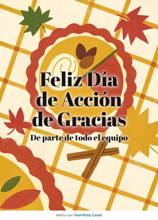 Acción de Gracias: tarjeta para colegas con el diseño Tarta de calabaza, firmada «De parte de todo el equipo»