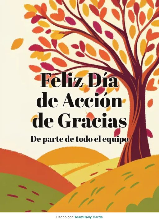 Acción de Gracias: tarjeta para colegas con el diseño Árbol de las gracias, firmada «De parte de todo el equipo»