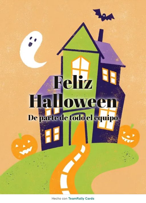 Halloween: tarjeta para colegas con el diseño Casa encantada, firmada «De parte de todo el equipo»