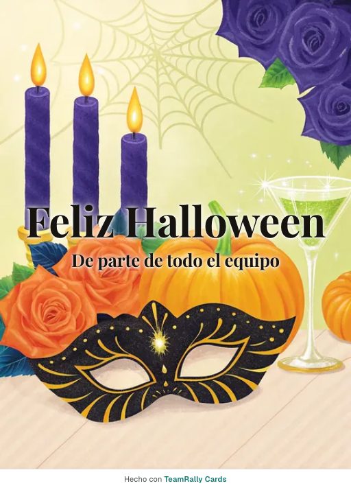 Halloween: tarjeta para colegas con el diseño Baile de máscaras, firmada «De parte de todo el equipo»