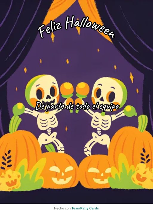 Halloween: tarjeta para colegas con el diseño Baile de esqueletos, firmada «De parte de todo el equipo»