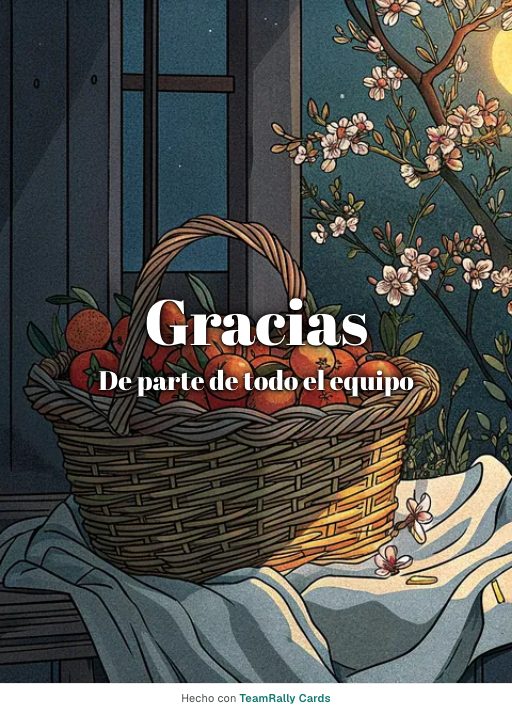 Gracias: tarjeta para colegas con el diseño Cesta de fruta, firmada «De parte de todo el equipo»