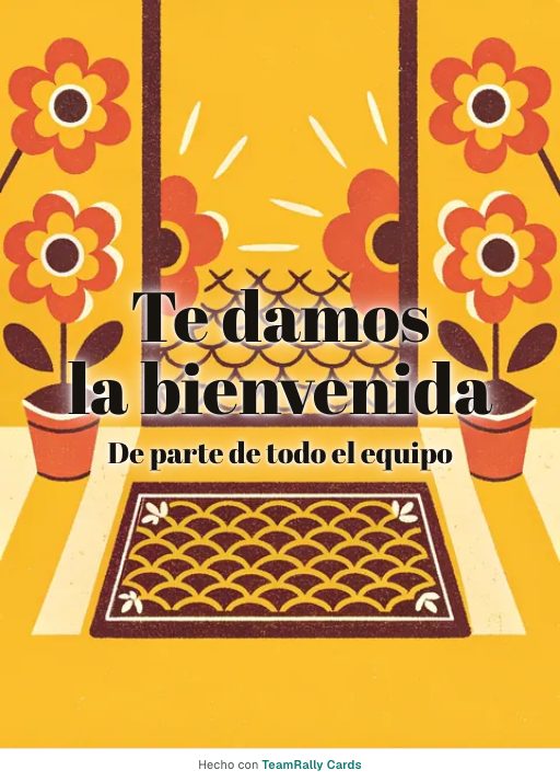 Bienvenida: tarjeta para colegas con el diseño Felpudo de bienvenida, firmada «De parte de todo el equipo»