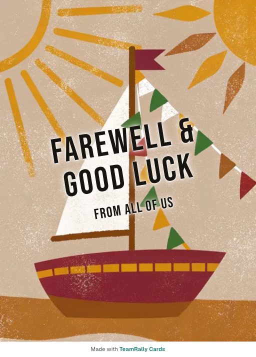 Farewell card for coworkers — Bon Voyage design, signed “from all of us”