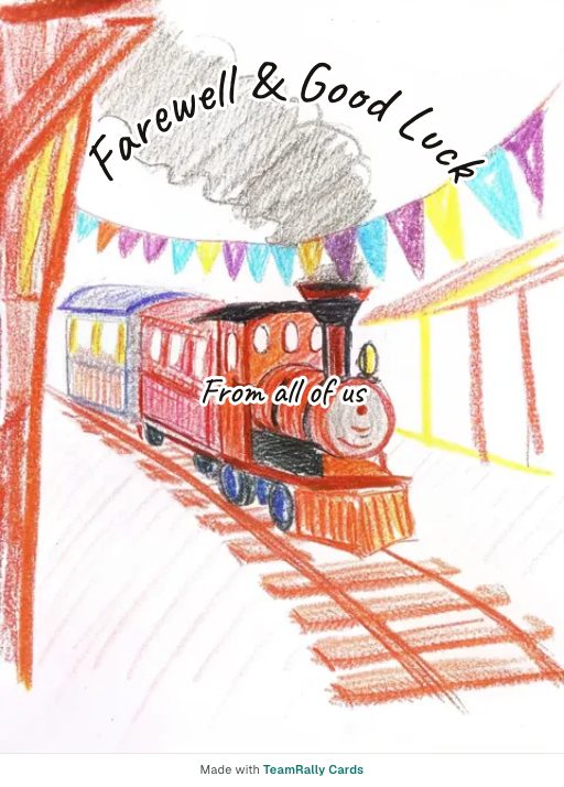 Farewell card for coworkers — Departure design, signed “from all of us”