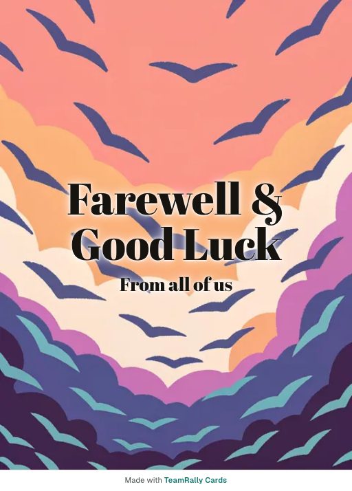 Farewell card for coworkers — Migration design, signed “from all of us”