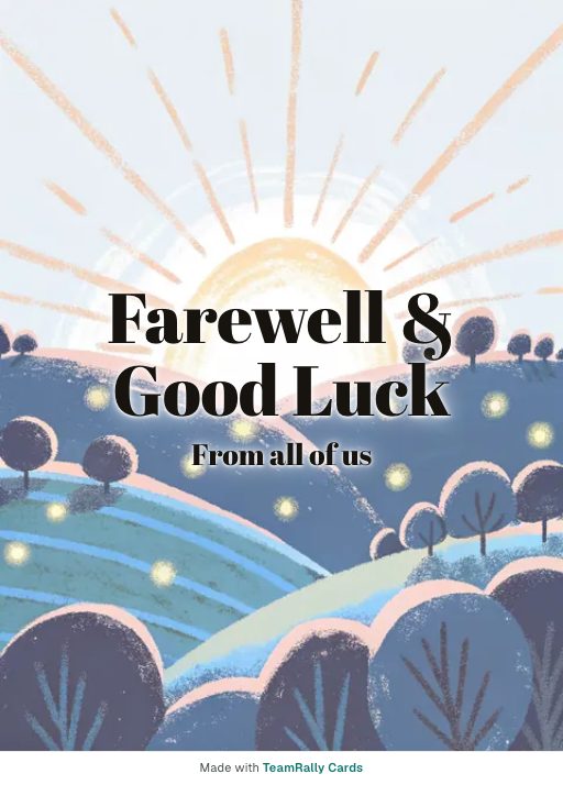 Farewell card for coworkers — New Horizon design, signed “from all of us”