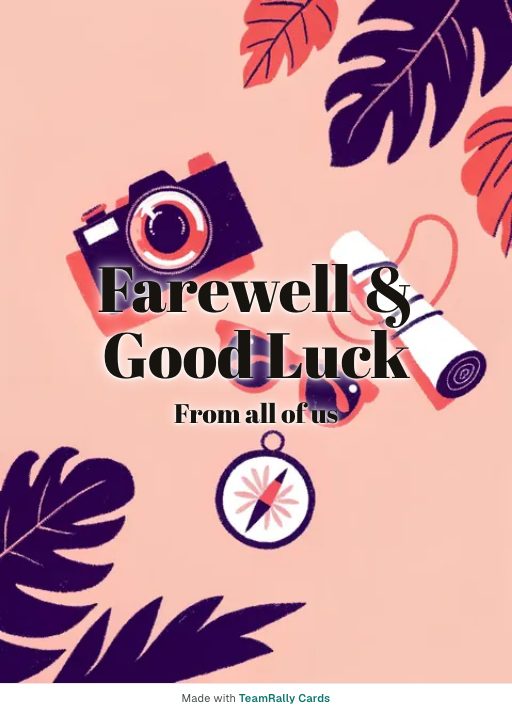Farewell card for coworkers — Travel Kit design, signed “from all of us”