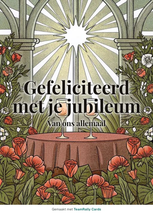 Kaart voor collega’s: Jubileum – ontwerp Tafel voor twee, ondertekend met “van ons allemaal”