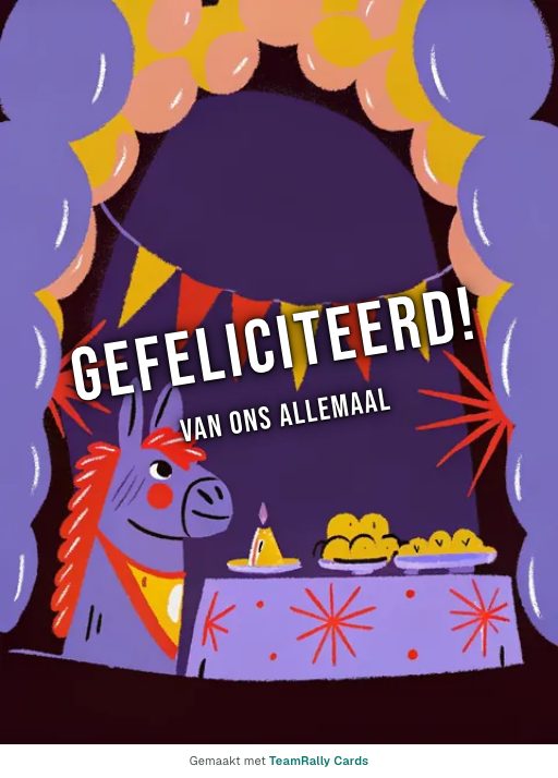 Kaart voor collega’s: Verjaardag – ontwerp Piñatafeest, ondertekend met “van ons allemaal”