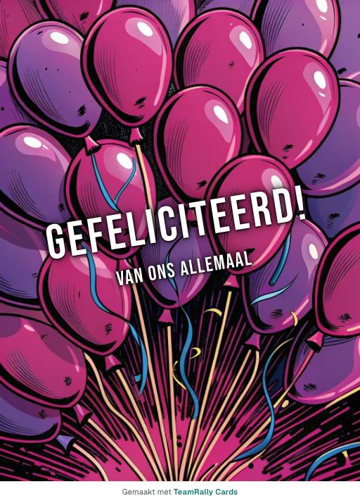 Kaart voor collega’s: Verjaardag – ontwerp Wegzwevende ballonnen, ondertekend met “van ons allemaal”