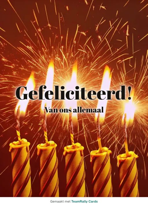 Kaart voor collega’s: Verjaardag – ontwerp Kaarslicht, ondertekend met “van ons allemaal”