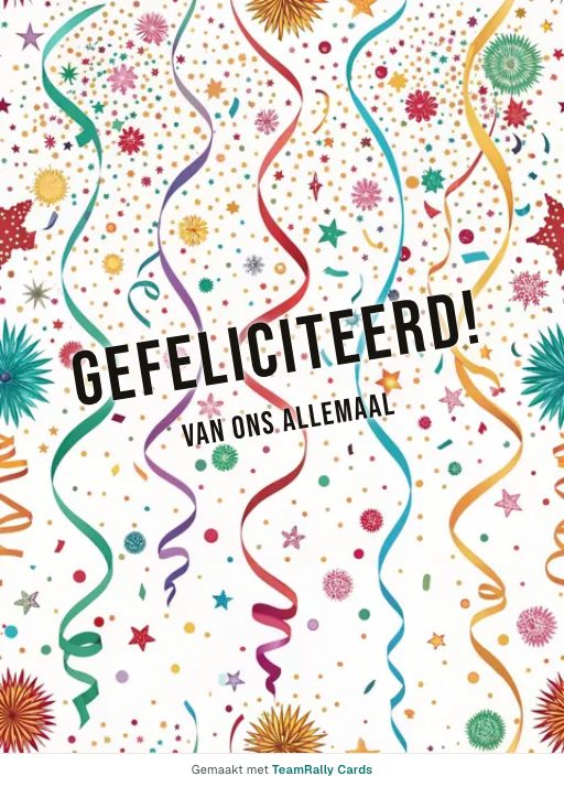 Kaart voor collega’s: Verjaardag – ontwerp Confettiregen, ondertekend met “van ons allemaal”