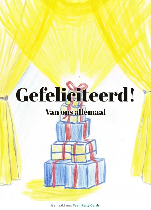 Kaart voor collega’s: Verjaardag – ontwerp Stapel cadeaus, ondertekend met “van ons allemaal”