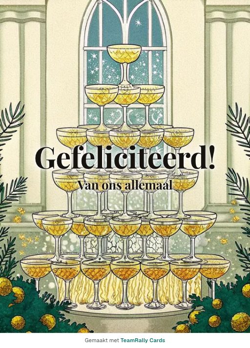 Kaart voor collega’s: Verjaardag – ontwerp Glazentoren, ondertekend met “van ons allemaal”