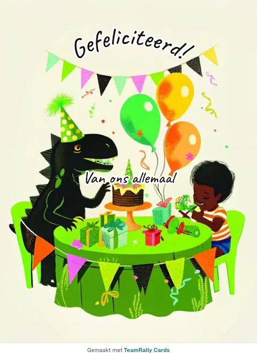 Kaart voor collega’s: Verjaardag – ontwerp Dinofeest, ondertekend met “van ons allemaal”