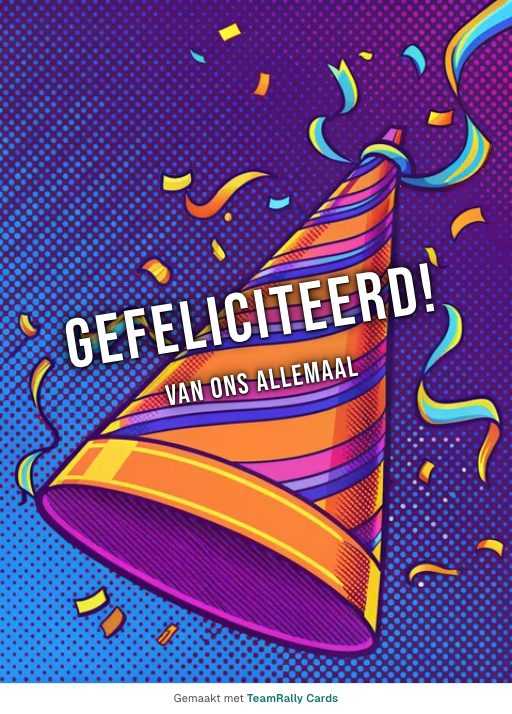 Kaart voor collega’s: Verjaardag – ontwerp Feesthoedje, ondertekend met “van ons allemaal”