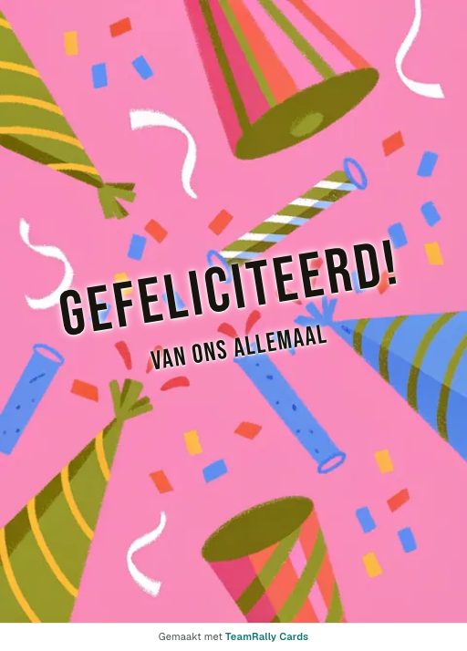 Kaart voor collega’s: Verjaardag – ontwerp Feesthoedjes, ondertekend met “van ons allemaal”