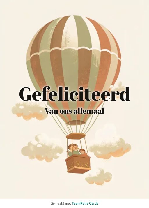 Kaart voor collega’s: Felicitatie – ontwerp Op avontuur, ondertekend met “van ons allemaal”