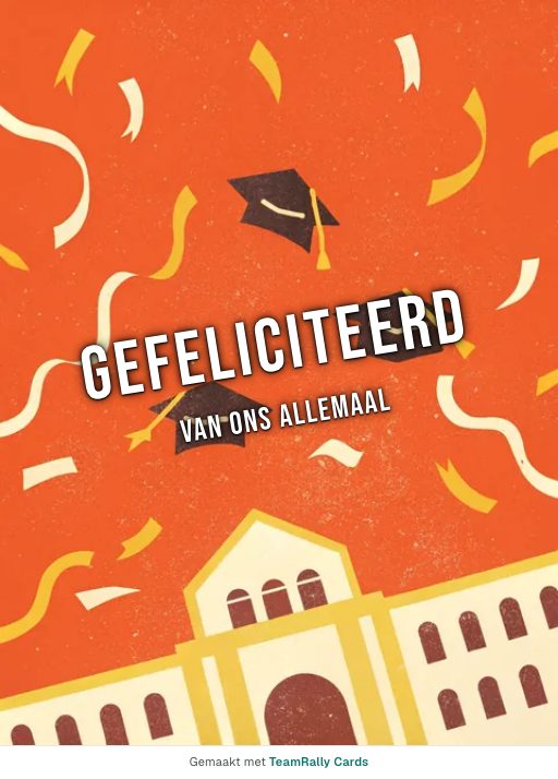 Kaart voor collega’s: Felicitatie – ontwerp Hoeden in de lucht, ondertekend met “van ons allemaal”